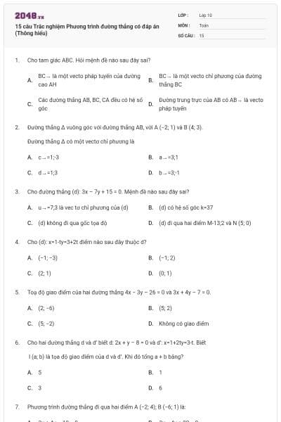 15 câu Trắc nghiệm Phương trình đường thẳng có đáp án (Thông hiểu)