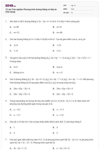 15 câu Trắc nghiệm Phương trình đường thẳng có đáp án (Vận dụng)