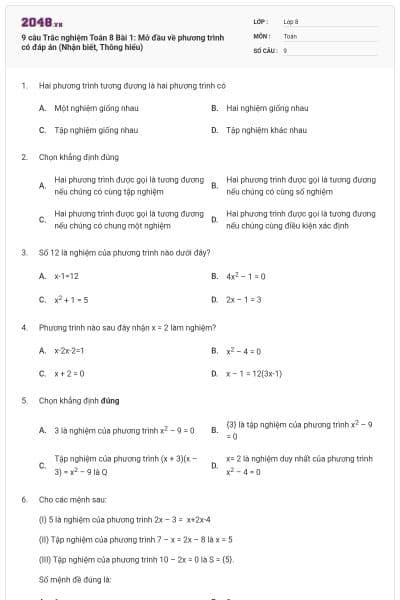 9 câu Trắc nghiệm Toán 8 Bài 1: Mở đầu về phương trình có đáp án (Nhận biết, Thông hiểu)