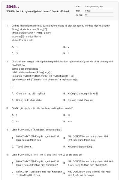 300 Câu hỏi trắc nghiệm lập trình Java có đáp án - Phần 4