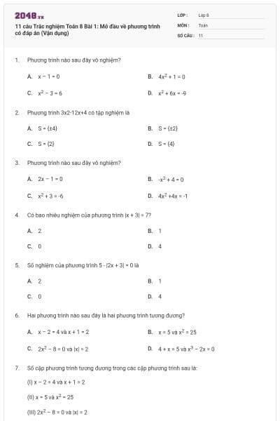 11 câu Trắc nghiệm Toán 8 Bài 1: Mở đầu về phương trình có đáp án (Vận dụng)