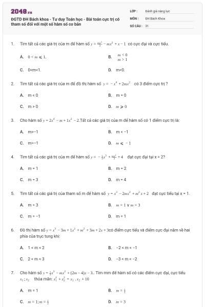 ĐGTD ĐH Bách khoa - Tư duy Toán học - Bài toán cực trị có tham số đối với một số hàm số cơ bản