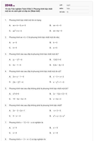 10 câu Trắc nghiệm Toán 8 Bài 2: Phương trình bậc nhất một ẩn và cách giải có đáp án (Nhận biết)
