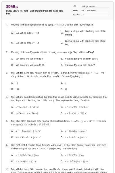 ĐGNL ĐHQG TP.HCM - Viết phương trình dao động điều hòa
