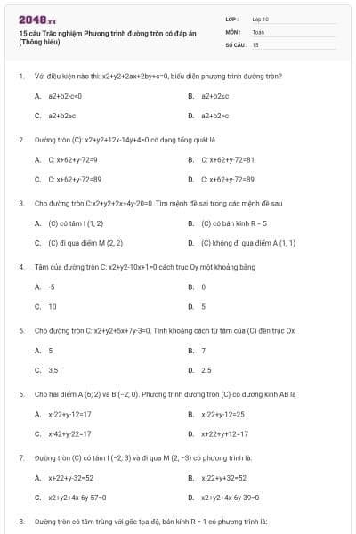 15 câu  Trắc nghiệm Phương trình đường tròn có đáp án (Thông hiểu)