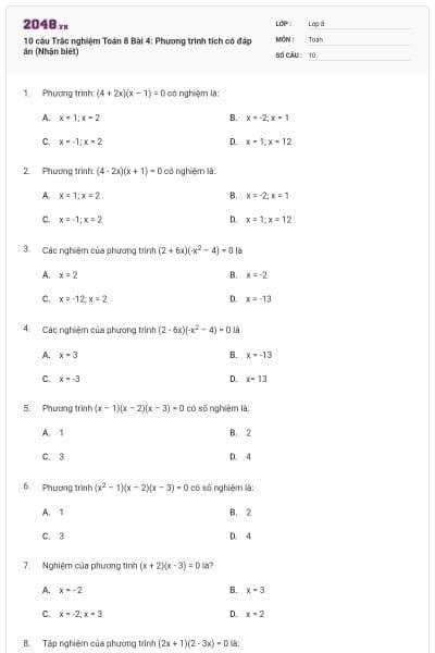 10 câu Trắc nghiệm Toán 8 Bài 4: Phương trình tích có đáp án (Nhận biết)