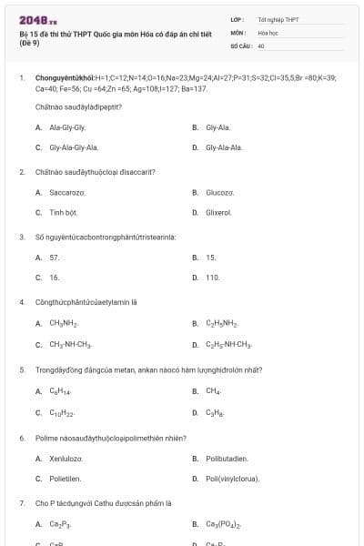 Bộ 15 đề thi thử THPT Quốc gia môn Hóa có đáp án chi tiết (Đề 9)