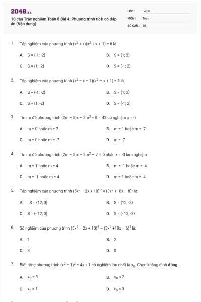 10 câu Trắc nghiệm Toán 8 Bài 4: Phương trình tích có đáp án (Vận dụng)