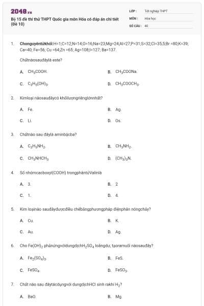 Bộ 15 đề thi thử THPT Quốc gia môn Hóa có đáp án chi tiết (Đề 10)