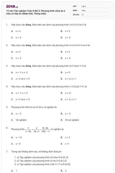 12 câu Trắc nghiệm Toán 8 Bài 5: Phương trình chứa ẩn ở mẫu có đáp án (Nhận biết, Thông hiểu)