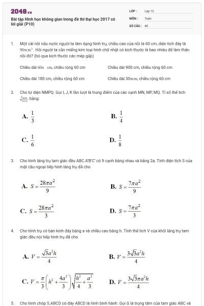 Bài tập Hình học không gian trong đề thi Đại học 2017 có lời giải (P10)