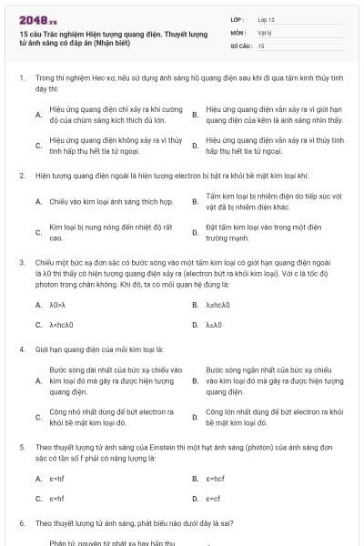 15 câu Trắc nghiệm Hiện tượng quang điện. Thuyết lượng tử ánh sáng có đáp án (Nhận biết)