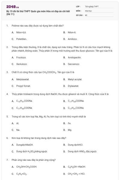 Bộ 15 đề thi thử THPT Quốc gia môn Hóa có đáp án chi tiết (Đề 11)