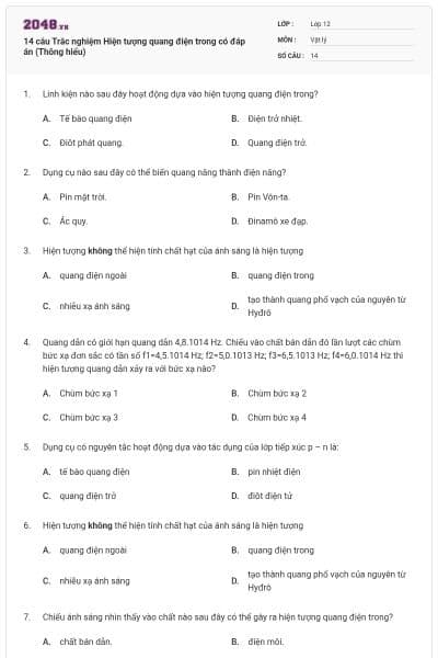 14 câu Trắc nghiệm Hiện tượng quang điện trong có đáp án (Thông hiểu)