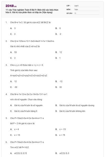 11 câu Trắc nghiệm Toán 8 Bài 9: Biến đổi các biểu thức hữu tỉ. Giá trị của phân thức có đáp án (Vận dụng)