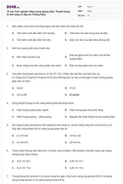 15 câu Trắc nghiệm Hiện tượng quang điện. Thuyết lượng tử ánh sáng có đáp án (Thông hiểu)