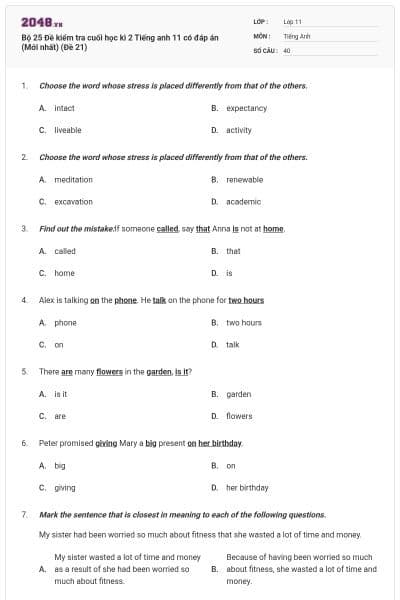 Bộ 25 Đề kiểm tra cuối học kì 2 Tiếng anh 11 có đáp án (Mới nhất) (Đề 21)