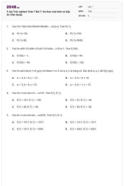 5 câu Trắc nghiệm Toán 7 Bài 7: Đa thức một biến có đáp án (Vận dụng)