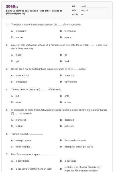 Bộ 25 Đề kiểm tra cuối học kì 2 Tiếng anh 11 có đáp án (Mới nhất) (Đề 22)