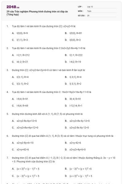 29 câu Trắc nghiệm Phương trình đường tròn có đáp án (Tổng hợp)