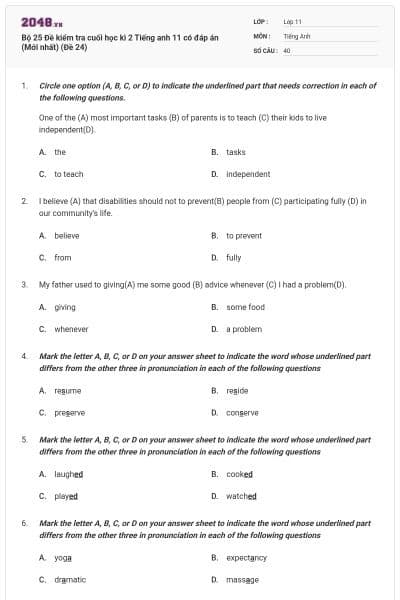 Bộ 25 Đề kiểm tra cuối học kì 2 Tiếng anh 11 có đáp án (Mới nhất) (Đề 24)