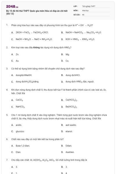Bộ 15 đề thi thử THPT Quốc gia môn Hóa có đáp án chi tiết (Đề 13)