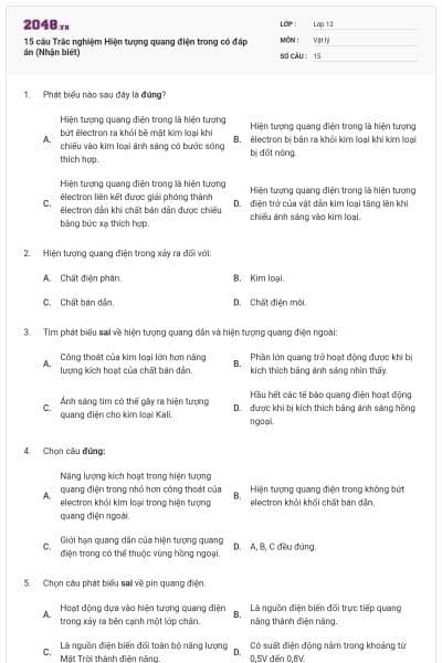 15 câu Trắc nghiệm Hiện tượng quang điện trong có đáp án (Nhận biết)