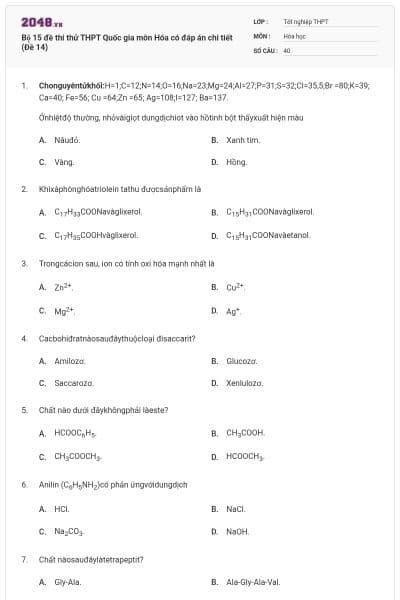 Bộ 15 đề thi thử THPT Quốc gia môn Hóa có đáp án chi tiết (Đề 14)