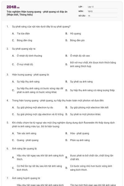 Trắc nghiệm Hiện tượng quang - phát quang có đáp án (Nhận biết, Thông hiểu)