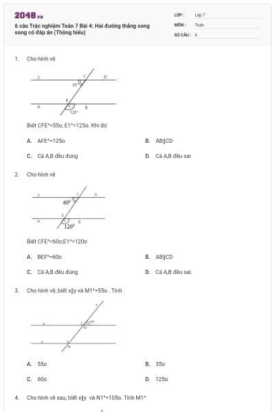 6 câu Trắc nghiệm Toán 7 Bài 4: Hai đường thẳng song song có đáp án (Thông hiểu)