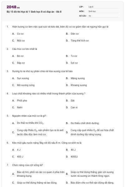 Bộ 15 đề thi Học kì 1 Sinh học 8 có đáp án - Đề 8