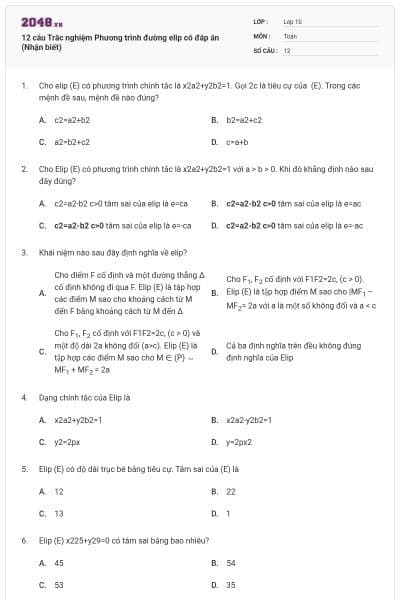 12 câu  Trắc nghiệm Phương trình đường elip có đáp án (Nhận biết)