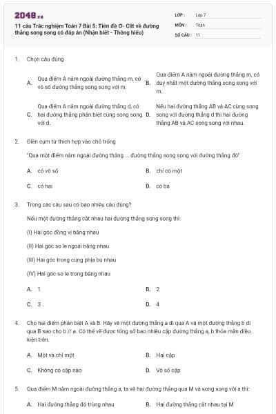 11 câu Trắc nghiệm Toán 7 Bài 5: Tiên đề Ơ- Clit về đường thẳng song song có đáp án (Nhận biết - Thông hiểu)