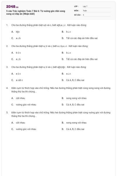 5 câu Trắc nghiệm Toán 7 Bài 6: Từ vuông góc đến song song có đáp án (Nhận biết)