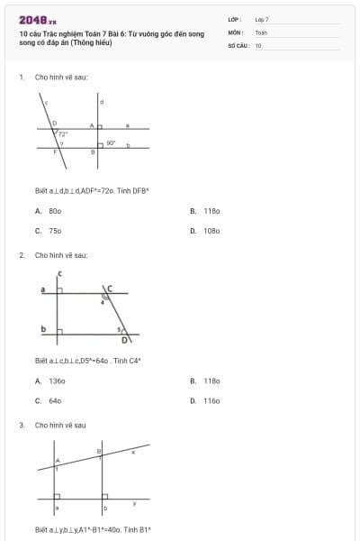 10 câu Trắc nghiệm Toán 7 Bài 6: Từ vuông góc đến song song có đáp án (Thông hiểu)