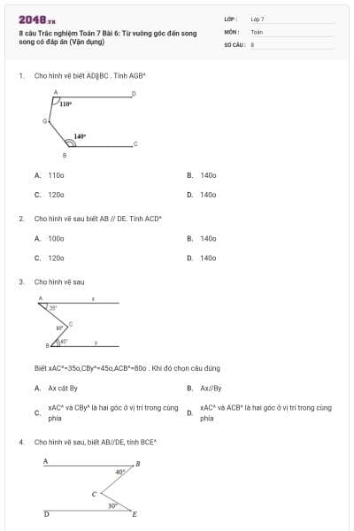 8 câu Trắc nghiệm Toán 7 Bài 6: Từ vuông góc đến song song có đáp án (Vận dụng)