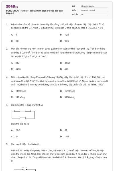 ĐGNL ĐHQG TP.HCM - Bài tập tính điện trở của dây dẫn, biến trở