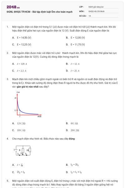 ĐGNL ĐHQG TP.HCM - Bài tập định luật Ôm cho toàn mạch