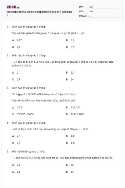 Trắc nghiệm Khái niệm số thập phân có đáp án ( Vận dụng )