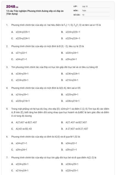 13 câu Trắc nghiệm Phương trình đường elip có đáp án (Vận dụng)