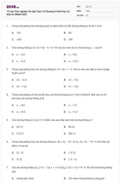 15 câu Trắc nghiệm Ôn tập Toán 10 Chương 3 Hình học có đáp án (Nhận biết)