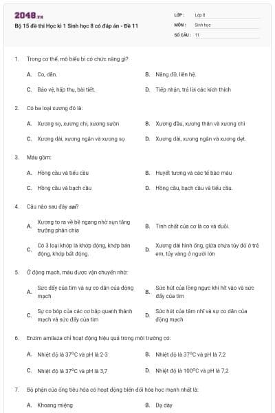 Bộ 15 đề thi Học kì 1 Sinh học 8 có đáp án - Đề 11