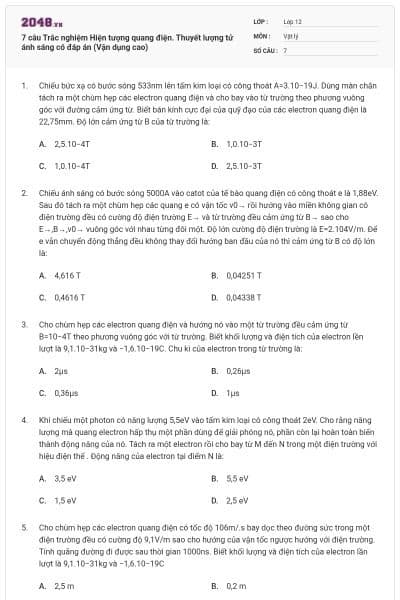 7 câu Trắc nghiệm Hiện tượng quang điện. Thuyết lượng tử ánh sáng có đáp án (Vận dụng cao)