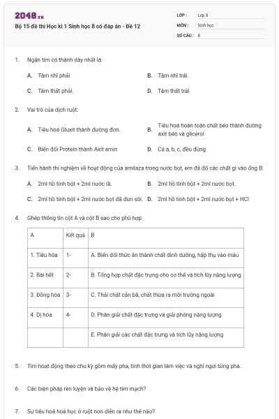 Bộ 15 đề thi Học kì 1 Sinh học 8 có đáp án - Đề 12
