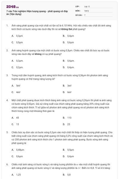 7 câu Trắc nghiệm Hiện tượng quang - phát quang có đáp án (Vận dụng)