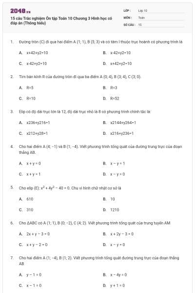 15 câu Trắc nghiệm Ôn tập Toán 10 Chương 3 Hình học có đáp án (Thông hiểu)