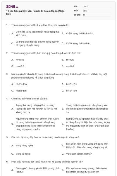11 câu Trắc nghiệm Mẫu nguyên tử Bo có đáp án (Nhận biết)