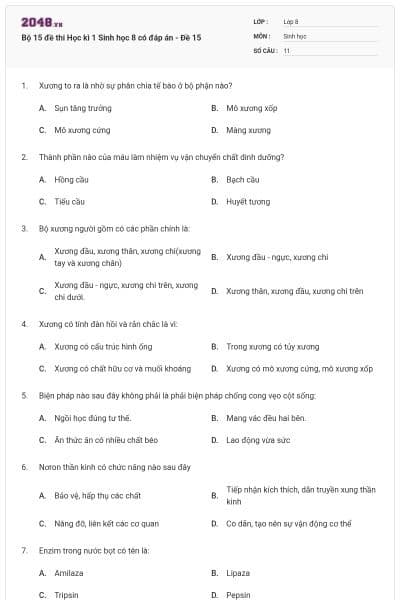 Bộ 15 đề thi Học kì 1 Sinh học 8 có đáp án - Đề 15