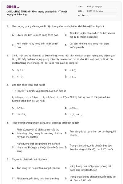ĐGNL ĐHQG TP.HCM - Hiện tượng quang điện - Thuyết lượng tử ánh sáng