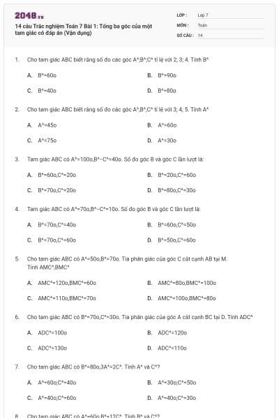 14 câu Trắc nghiệm Toán 7 Bài 1: Tổng ba góc của một tam giác có đáp án (Vận dụng)